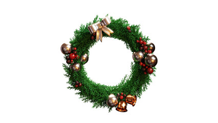 Fototapeta na wymiar christmas wreath green pine tree leaves with red berries gold ornament ball and glowing light 3D rendering