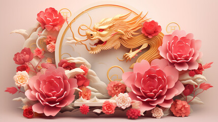 Chinese new year, Year of Dragon,lunar new year, blue dragon ,golden dragon,festival,red peony, pink peony, lanterns, chinese lanterns, lamp, moon,Greeting card,paper cut,wall paper