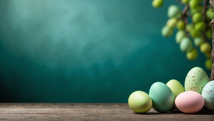 easter eggs on green background with copy space. Generative AI