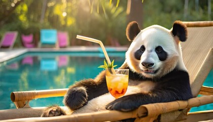 Panda Enjoying a Cocktail by the Pool