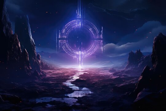 Stone gate landscape in cosmic dark space, purple halo in space, neon spectrum light effect.