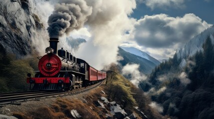 A steam locomotive with red trailers drives through the mountains