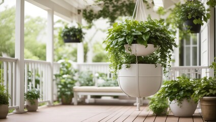 "Minimalist Greenery: White Hanging Planter Stock Photo