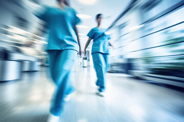 motion blur of medical workers walking in the hospital corridor, abstract background