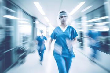 Fototapeta na wymiar motion blur of medical workers walking in the hospital corridor, abstract background