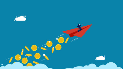 Wealth. businesswoman controls a confetti rocket coins in the sky. vector illustration