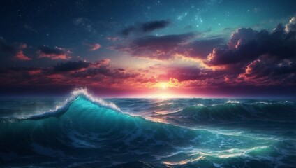 Quantum Horizons Fantastic Waves and Night Sky Interference in a Full-Color Oceanic Sunset Illustration