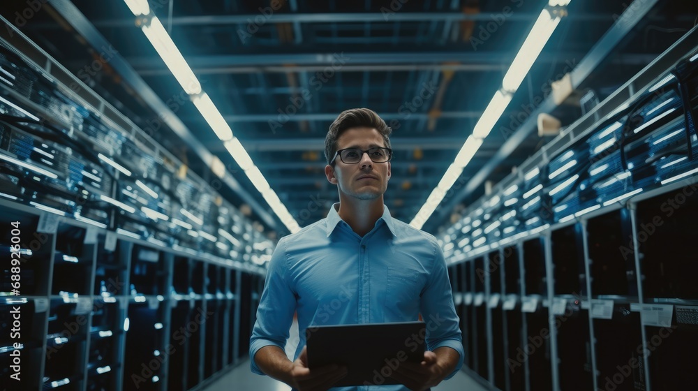 Aufkleber data center chief technology officer using laptop working in modern data technology center, big data