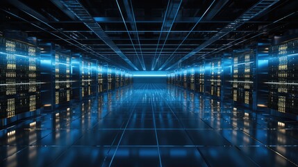 A Working Data Center With Rows of Rack Servers, Big Data Protection, Storage, Cloud Computing