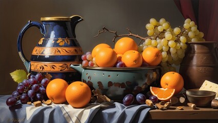 "Harmony in Still Life: Grapes, Oranges, Cheese, and Pitcher © NafisaNajmin