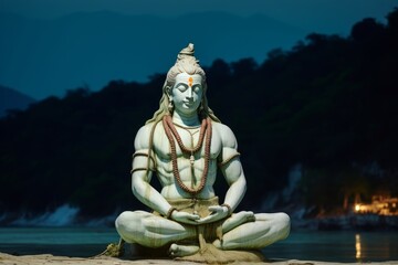Rishikesh, India. Statue of Shiva sitting in meditation on the riverbank of Ganga in Rishikesh, Generative AI