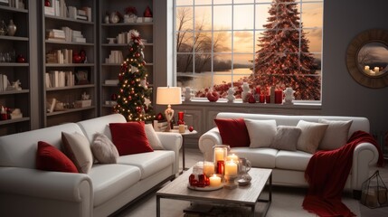 Fototapeta premium The living room of the modern home well decorated with Christmas elements and nice tree.