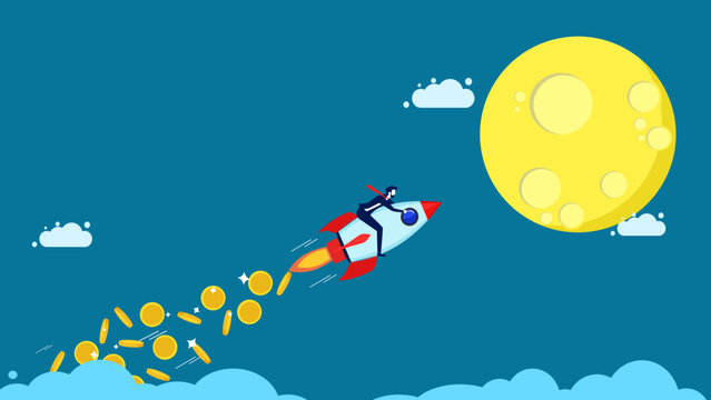 Starting a business with a source of capital. Rocket launches with flying coins. Vector illustration