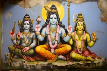 Jalaram Prathna hindu temple, Leicester. Fresco depicting Shiva, Parvati and Ganesh. United kingdom, Generative AI