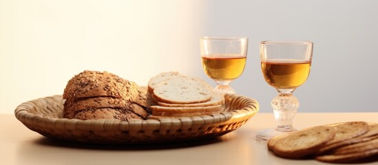 Protestant communion tray with wine glasses and bread plate in close-up. - obrazy, fototapety, plakaty