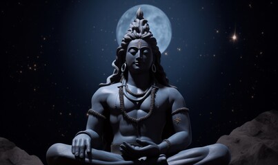 Fototapeta na wymiar Adiyogi Black Shiv Sculpture Coimbatore Statue With Moon On The Head with stars on adi yogi bholenath Mahadev 3D Shiva maha shivaratri Mahashivratri, Generative AI