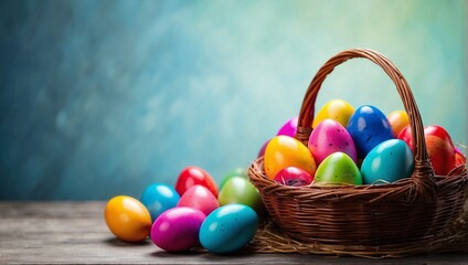 Basket filled with colorful Easter eggs. Generative AI
