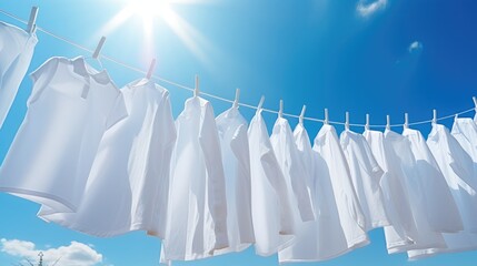 White shirts drying under the blue sky, Sunshine on a sunny day.