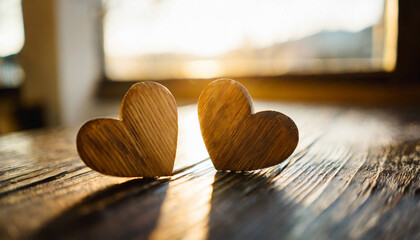 Two wooden hearts bathed in sunlight on a textured table, evoking warmth and affection - obrazy, fototapety, plakaty