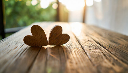 Two wooden hearts bathed in sunlight on a textured table, evoking warmth and affection