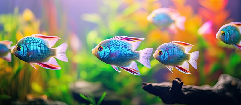 Selective focus on Boesemani rainbow fish in an aquarium.