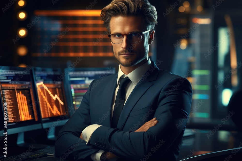 Poster Businessman in a confident pose in front of computer displays with graphs and numbers.