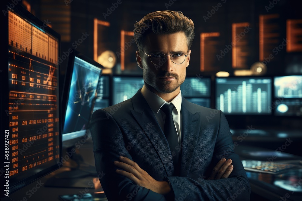 Poster Businessman in a confident pose in front of computer displays with graphs and numbers.