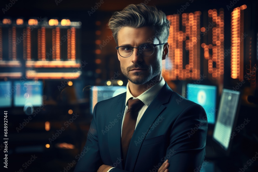 Poster Businessman in a confident pose in front of computer displays with graphs and numbers.