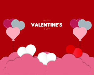 Happy Valentines Day With Hearts Balloon And Cloud