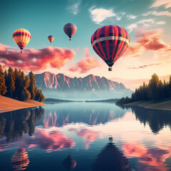 A cluster of hot air balloons drifting over a serene lake