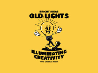 Illustration of a Cute Light Bulb Character with Expressions, featuring a Handwritten and Retro Style, Suitable for Posters and Stickers.