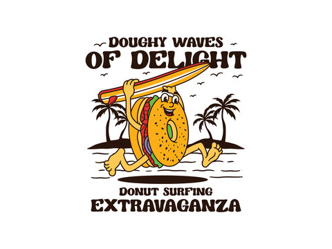 Cartoon Character Of A Donut With A Vintage And Handwritten Style Goes On Holiday At The Beach