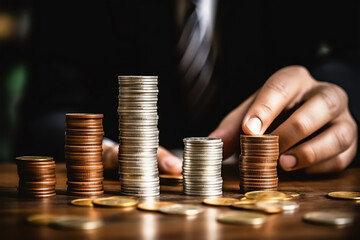 Hand with coins on the table, coin stacks growing business concept, finance theme