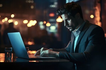 Businessman using laptop working on desk at night.