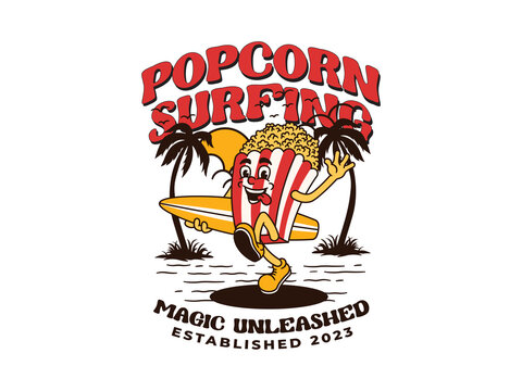 Cartoon Character Of A Popping Popcorn With A Vintage And Handwritten Style Goes On Holiday At The Beach
