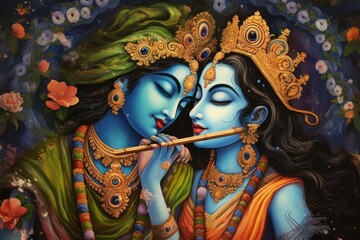 Hindu God Sri Krishna and Radha art, Generative AI - obrazy, fototapety, plakaty