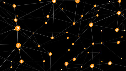 Digital money connected black background bitcoin symbol, cryptocurrency, virtual asset, financial market, trading, technology, investment, economy, revolution