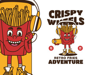 Cartoon Character of Funny Fast Food Playing Skateboard with Retro and Handwritten Style, Suitable for Poster and Sticker