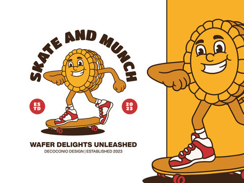 Cartoon Character of Funny Fast Food Playing Skateboard with Retro and Handwritten Style, Suitable for Poster and Sticker