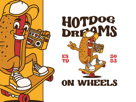 Cartoon Character of Funny Fast Food Playing Skateboard with Retro and Handwritten Style, Suitable for Poster and Sticker