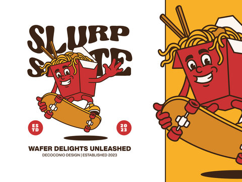 Cartoon Character of Funny Fast Food Playing Skateboard with Retro and Handwritten Style, Suitable for Poster and Sticker
