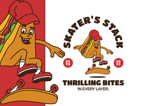 Cartoon Character of Funny Fast Food Playing Skateboard with Retro and Handwritten Style, Suitable for Poster and Sticker