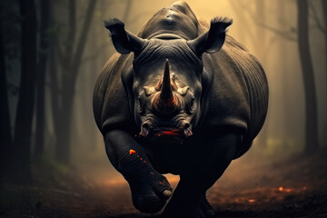 Large angry rhinoceros running in dark dense forest. - obrazy, fototapety, plakaty