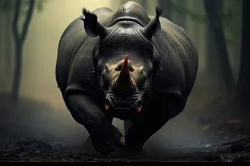Poster Large angry rhinoceros running in dark dense forest. © visoot