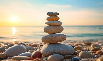 Stone tower. Stones Balance, Natural pebbles on the beach. Balancing body, mind, soul and spirit. Mental health, yoga theme. Generative AI - obrazy, fototapety, plakaty