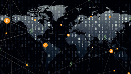 Crypto financial technology exploring investment fund opportunities in dollar map of binary crypto, cryptocurrency, and bitcoin digital money