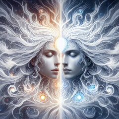 Twin flame couple. Soulmates. The concept of magical, esoteric, tantric, spiritual love. Connection between souls. Illustration for websites and much more. Created using generative ai tools.