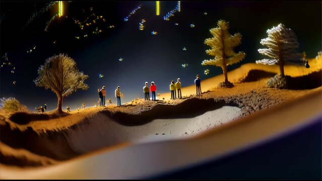 A scene of a miniature town corner touched by a human hand, featuring intricately made houses and trees with tiny figures arranged as if walking through the streets.
