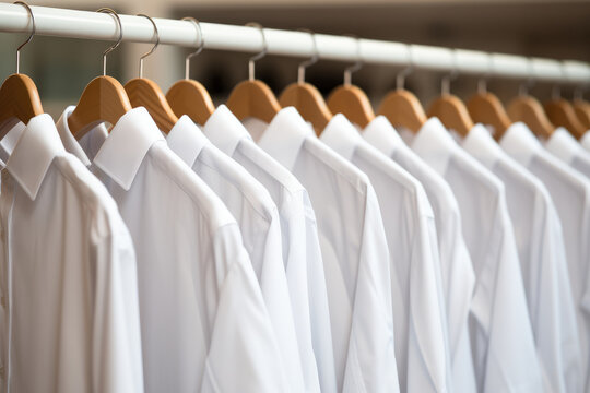 White shirts hanged in a rack.
