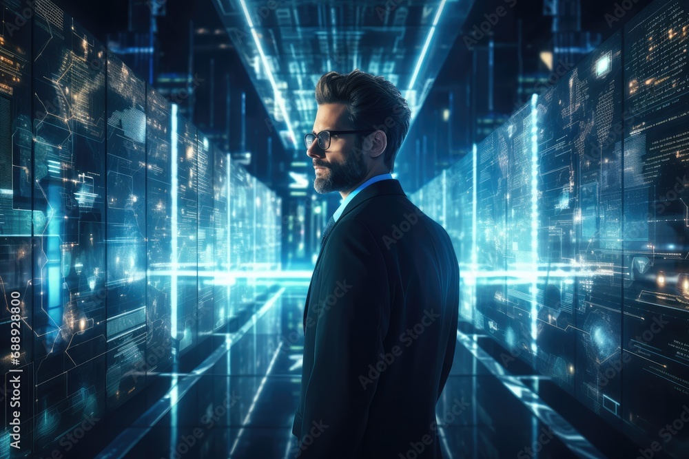 Poster Cybersecurity businessman projecting data servers in the style of light indigo and light azure.